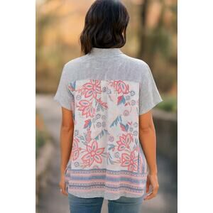 J. Jill SZ S Blue White Striped Cotton Button Front Shirt With Floral Back Panel